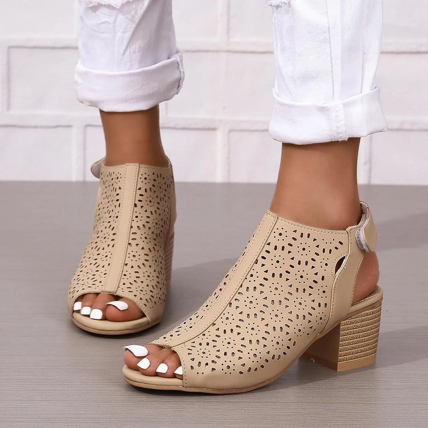 Ladies Cut Out Peep Toe Sandals Slingback Chunky Stacked Heel Ankle Booties Shoes Ankle Strap Low Heel Dress Pumps Sandals