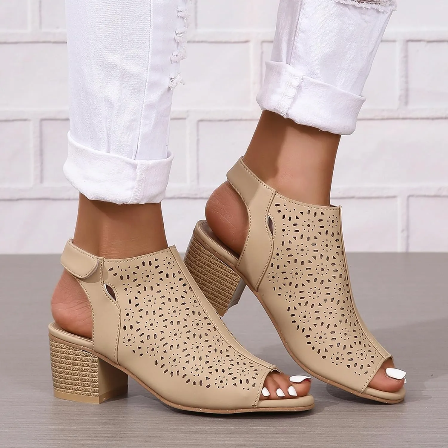 Ladies Cut Out Peep Toe Sandals Slingback Chunky Stacked Heel Ankle Booties Shoes Ankle Strap Low Heel Dress Pumps Sandals