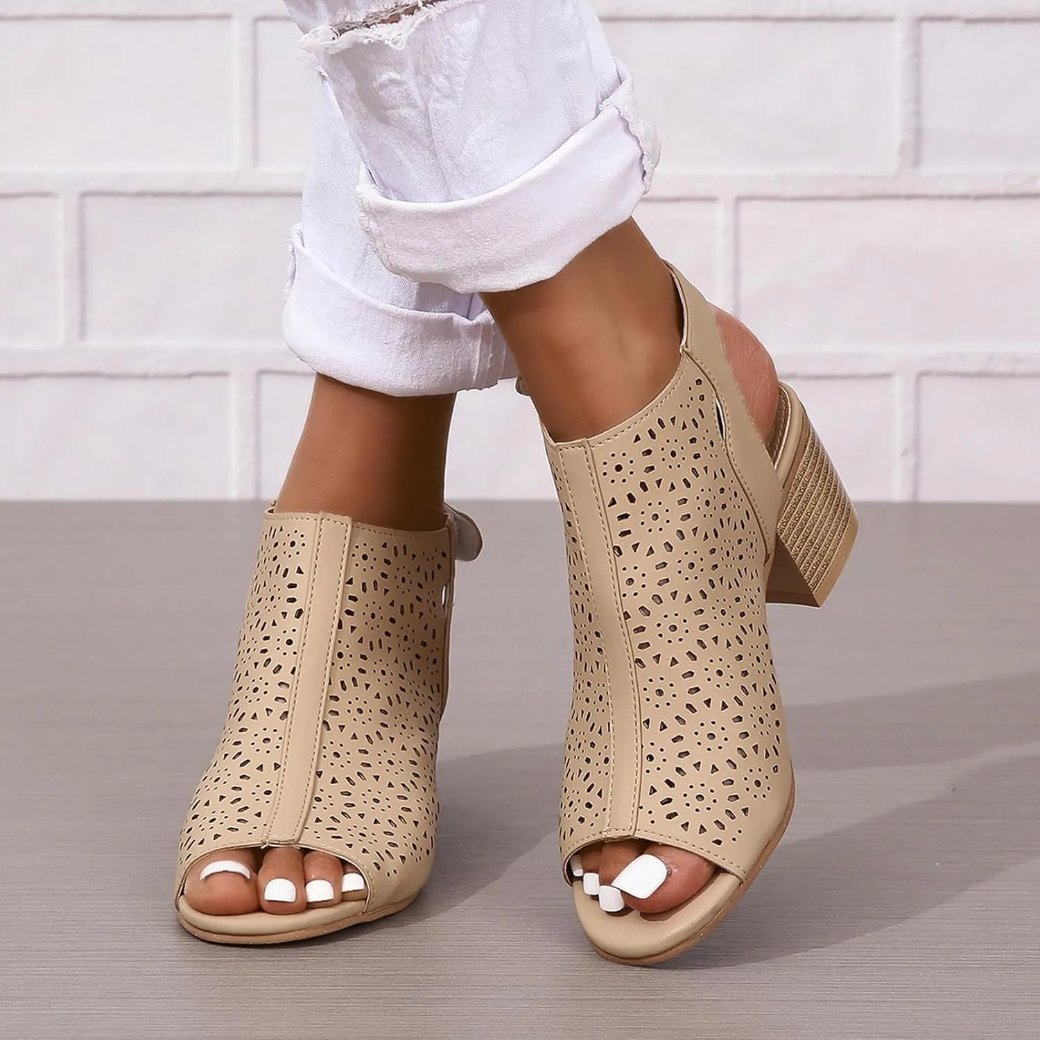 Ladies Cut Out Peep Toe Sandals Slingback Chunky Stacked Heel Ankle Booties Shoes Ankle Strap Low Heel Dress Pumps Sandals