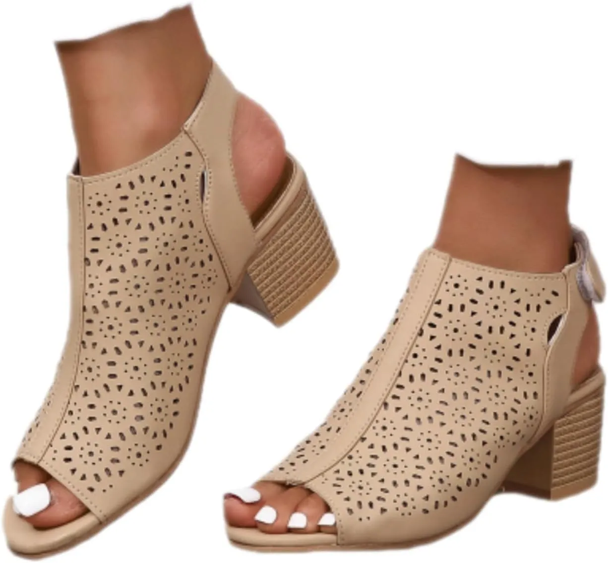 Ladies Cut Out Peep Toe Sandals Slingback Chunky Stacked Heel Ankle Booties Shoes Ankle Strap Low Heel Dress Pumps Sandals