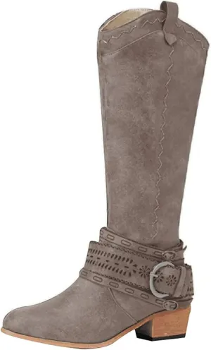Ladmiple Cowgirl Boots Wide Calf Wide Foot Cowboy Knee High Boots Mid Heel Retro Fashion Tall Boot Pull On for Ladies
