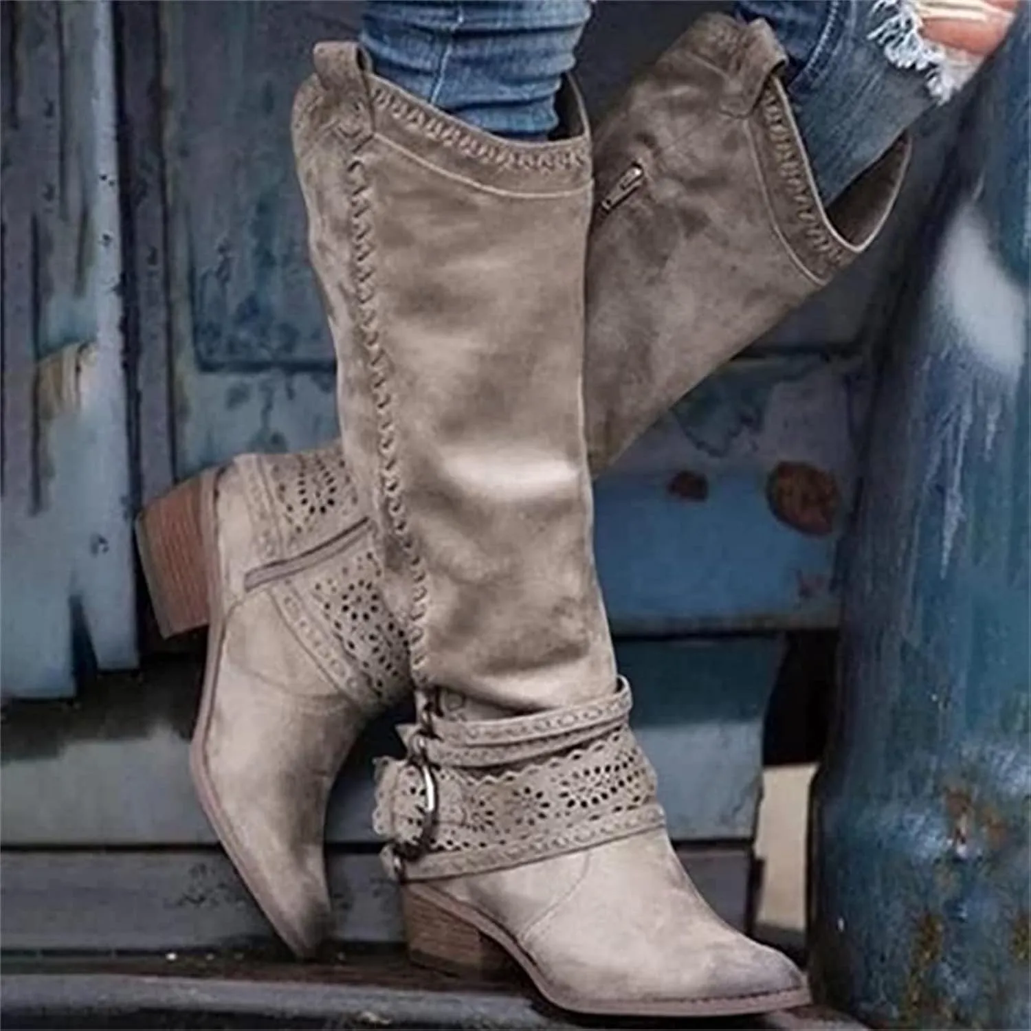 Ladmiple Cowgirl Boots Wide Calf Wide Foot Cowboy Knee High Boots Mid Heel Retro Fashion Tall Boot Pull On for Ladies