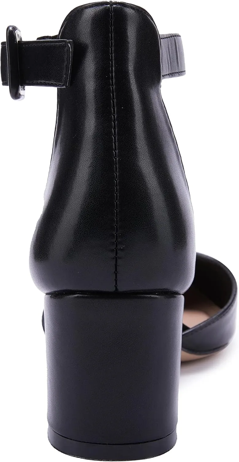 LAICIGO Women's Pointed Toe Pumps Ankle Strap Buckle Chunky Block Heel Dress D'Orsay Shoes