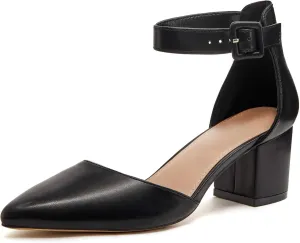 LAICIGO Women's Pointed Toe Pumps Ankle Strap Buckle Chunky Block Heel Dress D'Orsay Shoes