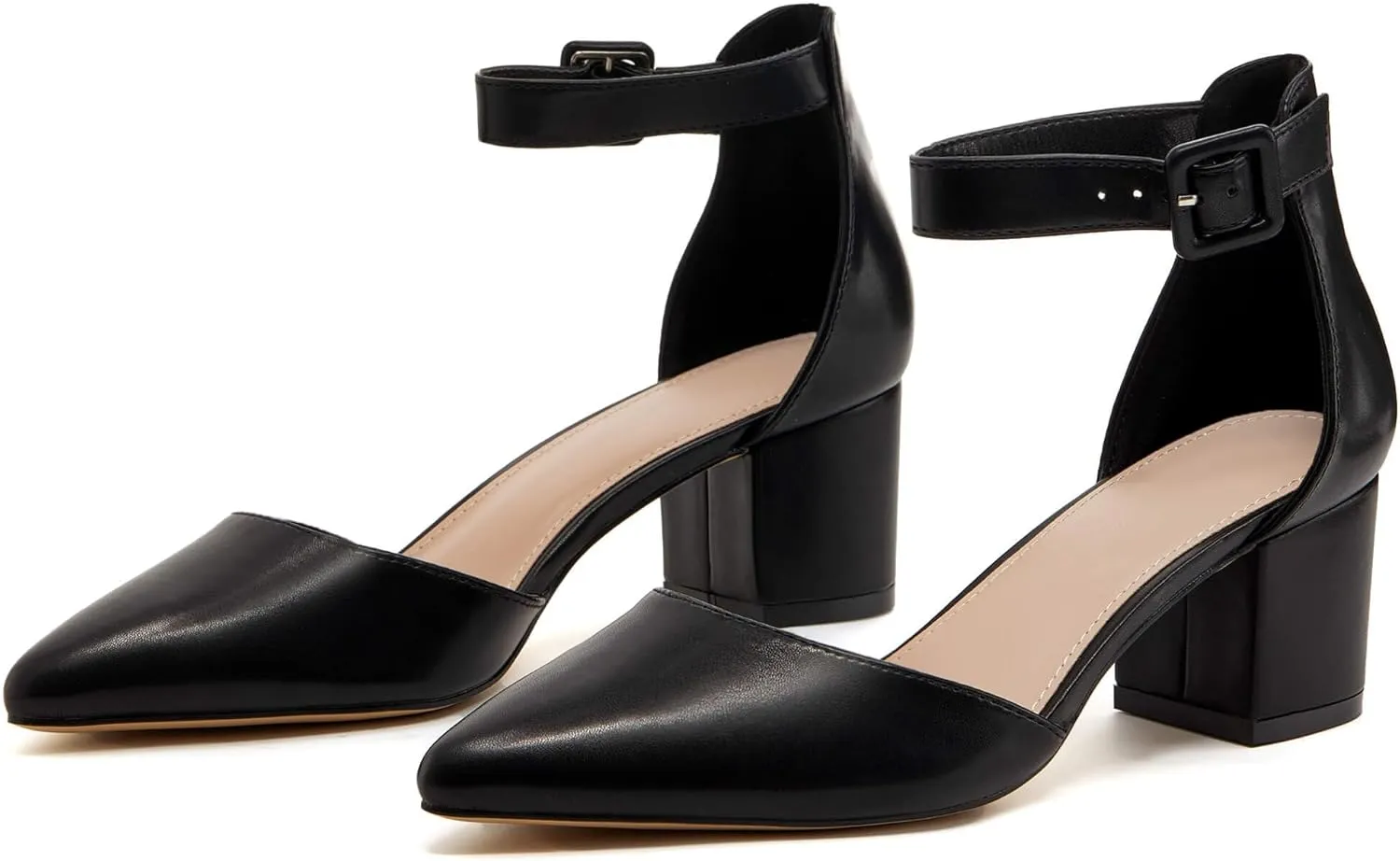 LAICIGO Women's Pointed Toe Pumps Ankle Strap Buckle Chunky Block Heel Dress D'Orsay Shoes