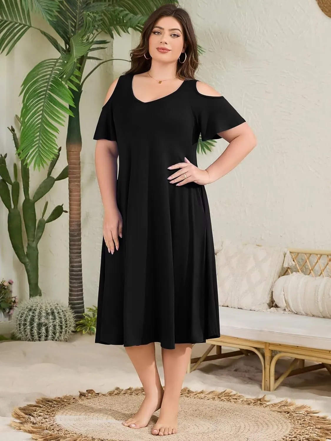 LARACE Plus Size Women Dress for Summer, Midi Women's Sundress, Casual V-Neck Short Sleeve Flowy T-Shirt Dresses with Pockets