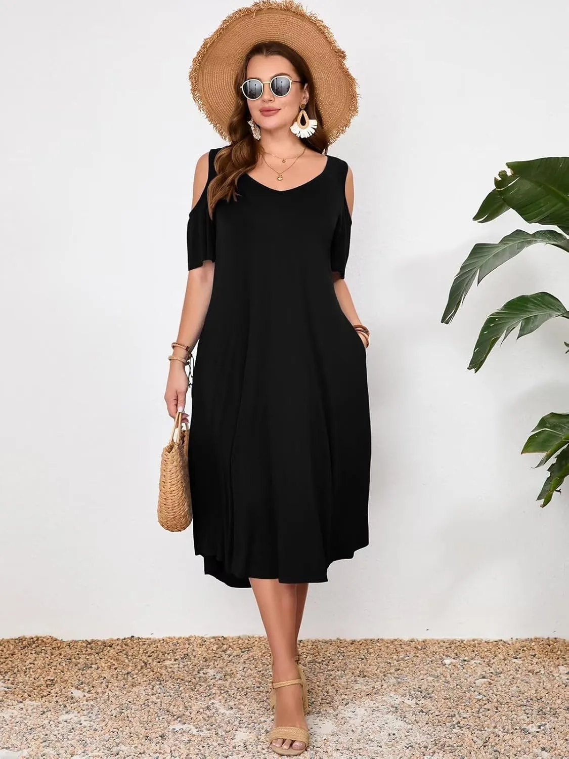 LARACE Plus Size Women Dress for Summer, Midi Women's Sundress, Casual V-Neck Short Sleeve Flowy T-Shirt Dresses with Pockets