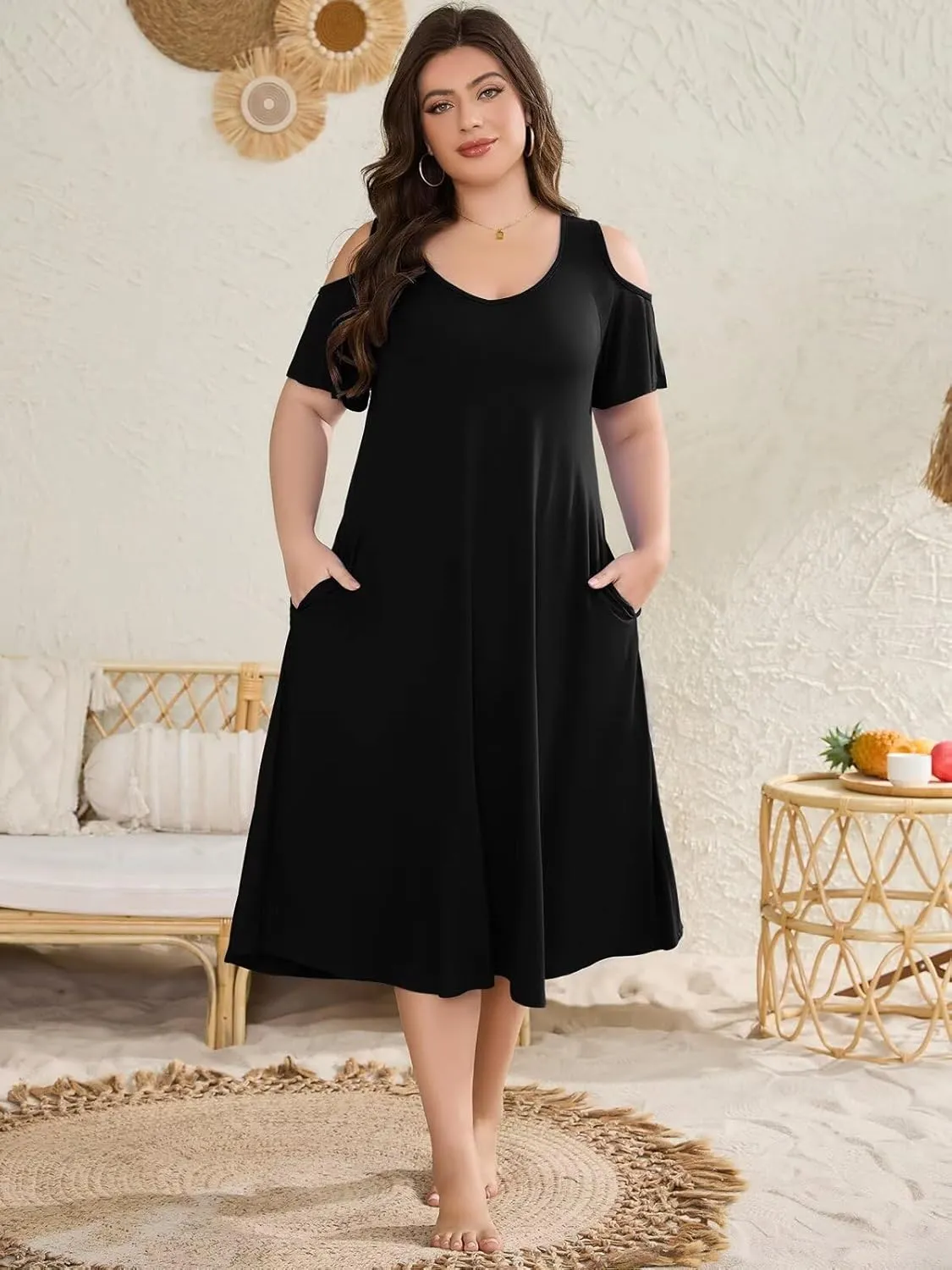 LARACE Plus Size Women Dress for Summer, Midi Women's Sundress, Casual V-Neck Short Sleeve Flowy T-Shirt Dresses with Pockets