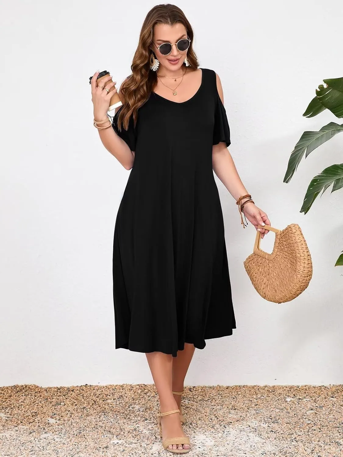 LARACE Plus Size Women Dress for Summer, Midi Women's Sundress, Casual V-Neck Short Sleeve Flowy T-Shirt Dresses with Pockets