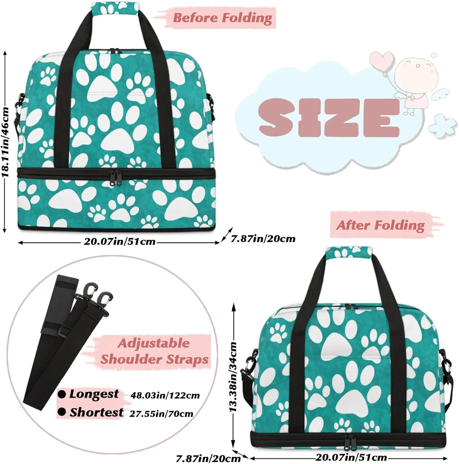 Large Travel Duffel Bag for Women Men Animal Cute Paw Gym Bag Weekender Overnight Bags With Shoe Compartment Foldie Travel Tote Bag Carry On Personal Item Bag for Travel Gym Sports Hospital