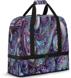 Large Travel Duffel Bag for Women Men Ethnic Purple Paisley Gym Bag Weekender Overnight Bags With Shoe Compartment Foldie Travel Tote Bag Carry On Personal Item Bag for Travel Gym Sports