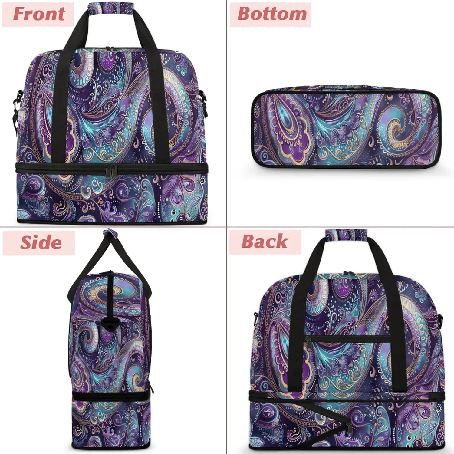 Large Travel Duffel Bag for Women Men Ethnic Purple Paisley Gym Bag Weekender Overnight Bags With Shoe Compartment Foldie Travel Tote Bag Carry On Personal Item Bag for Travel Gym Sports