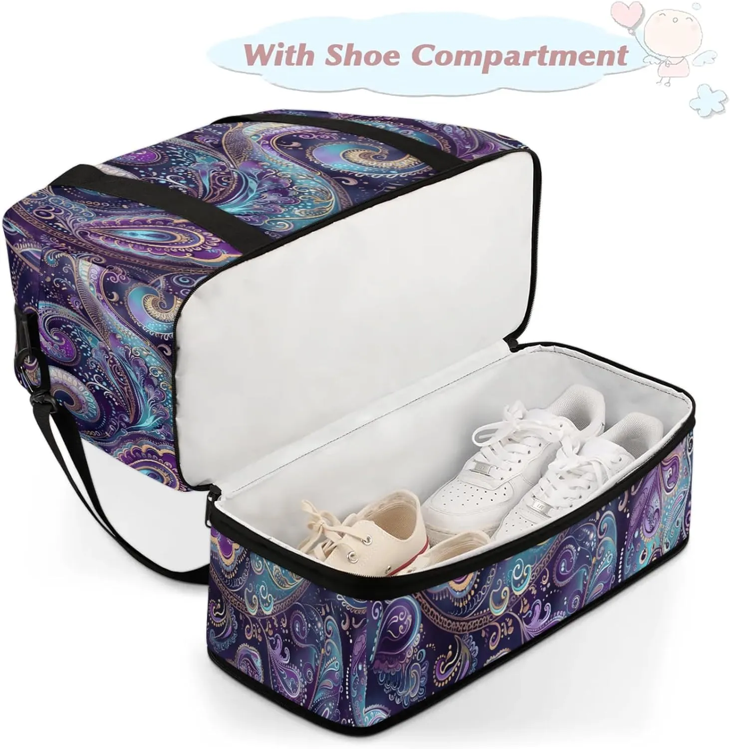 Large Travel Duffel Bag for Women Men Ethnic Purple Paisley Gym Bag Weekender Overnight Bags With Shoe Compartment Foldie Travel Tote Bag Carry On Personal Item Bag for Travel Gym Sports