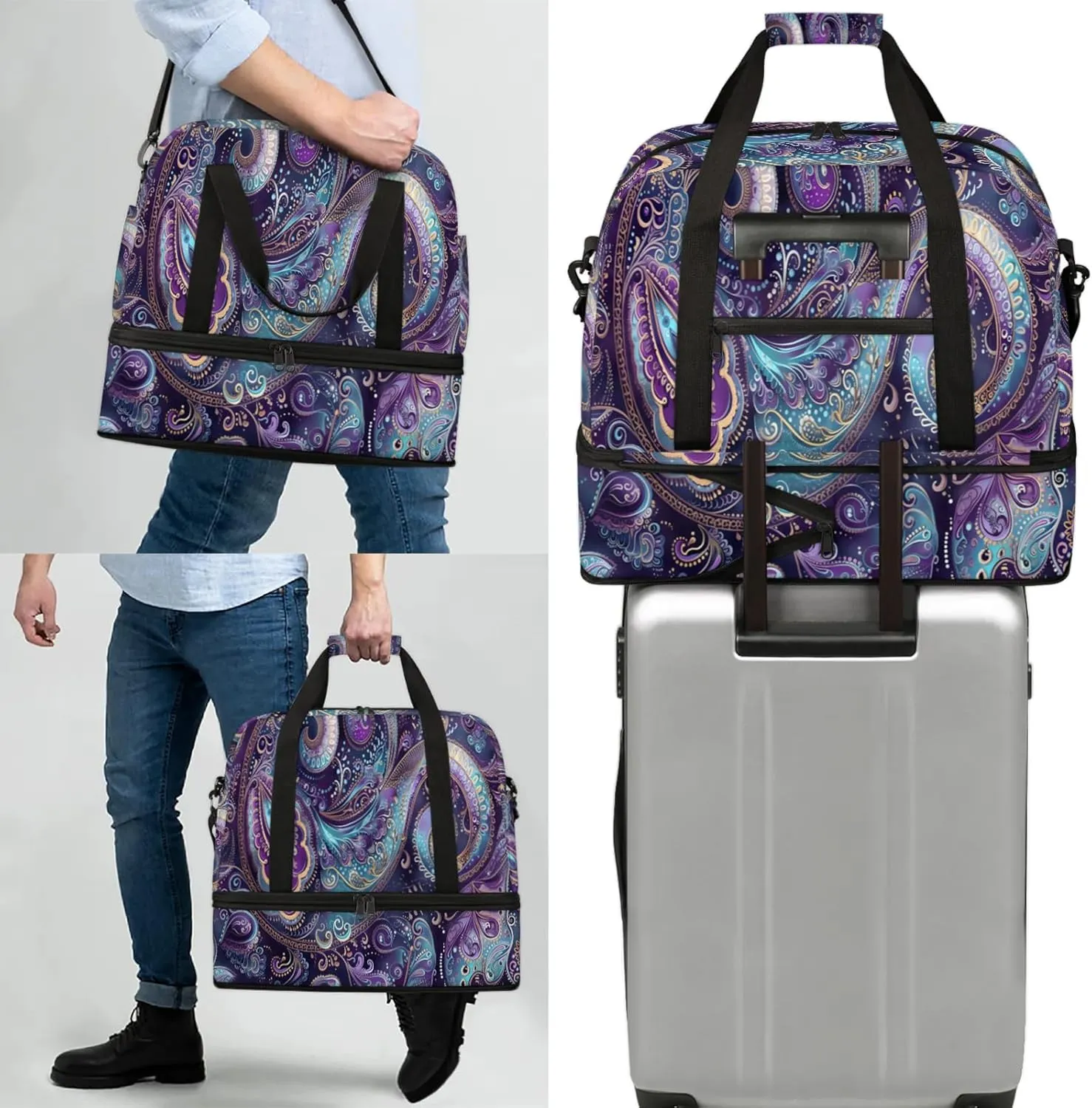 Large Travel Duffel Bag for Women Men Ethnic Purple Paisley Gym Bag Weekender Overnight Bags With Shoe Compartment Foldie Travel Tote Bag Carry On Personal Item Bag for Travel Gym Sports