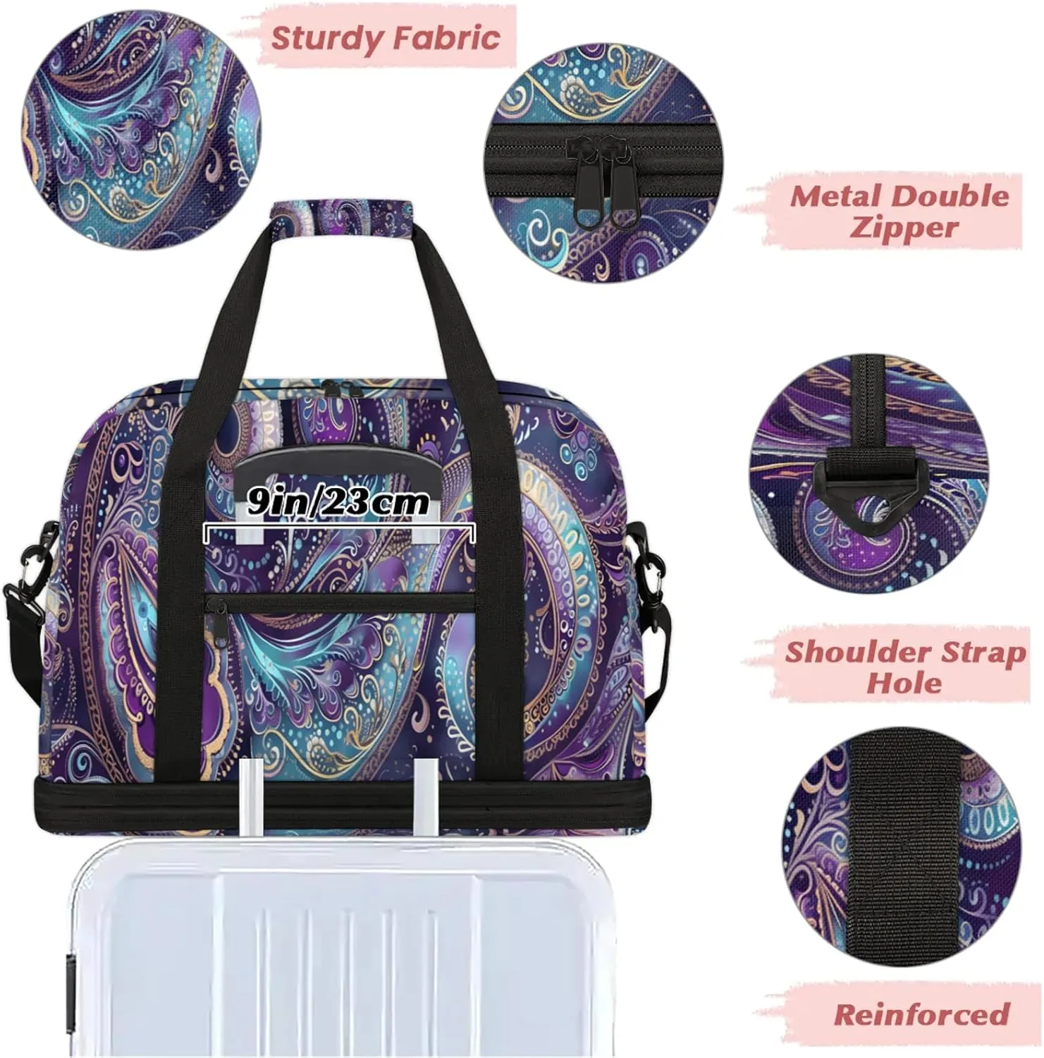 Large Travel Duffel Bag for Women Men Ethnic Purple Paisley Gym Bag Weekender Overnight Bags With Shoe Compartment Foldie Travel Tote Bag Carry On Personal Item Bag for Travel Gym Sports