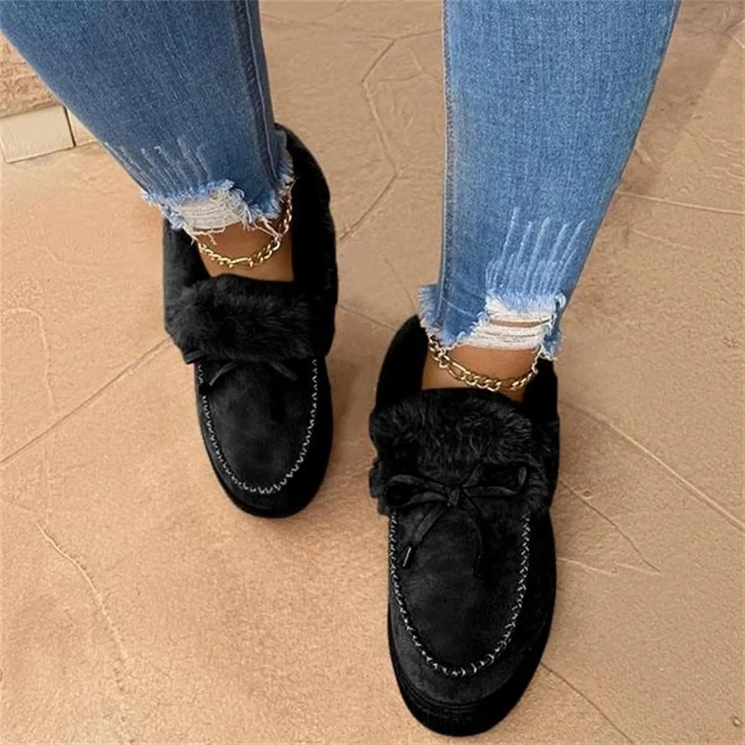 Lausiuoe Winter Boots For Women 2022 With Fur Ankle Booties Slip On Comfortable Casual Snow Fuzzy Walking Shoes Loafers