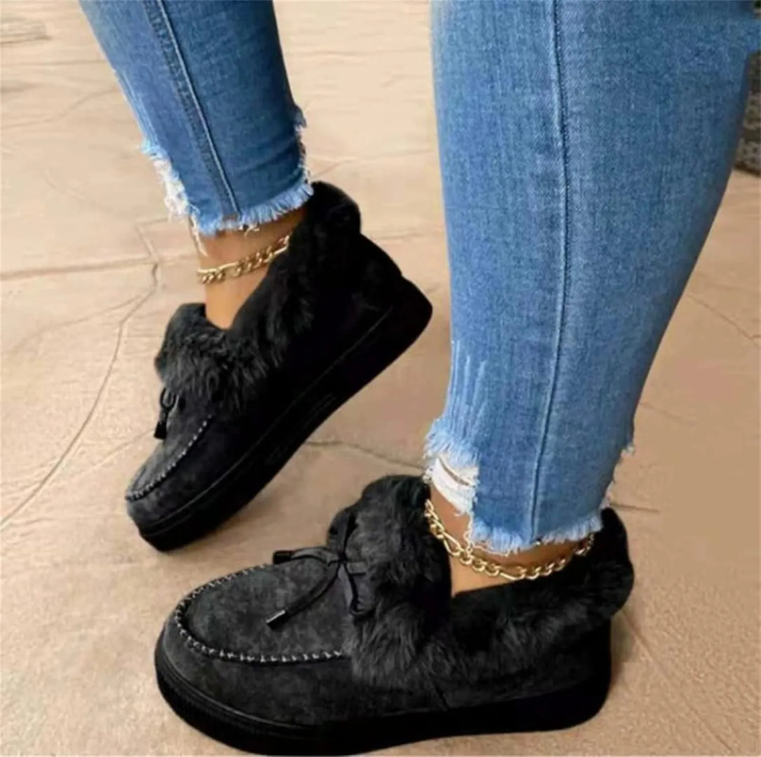 Lausiuoe Winter Boots For Women 2022 With Fur Ankle Booties Slip On Comfortable Casual Snow Fuzzy Walking Shoes Loafers