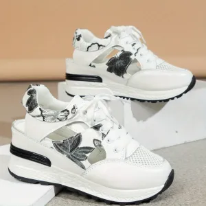 Leaf Embroidered Mesh Wedge Sandals - Women's Comfort Casual Sneakers, Lace Up Thick Soled