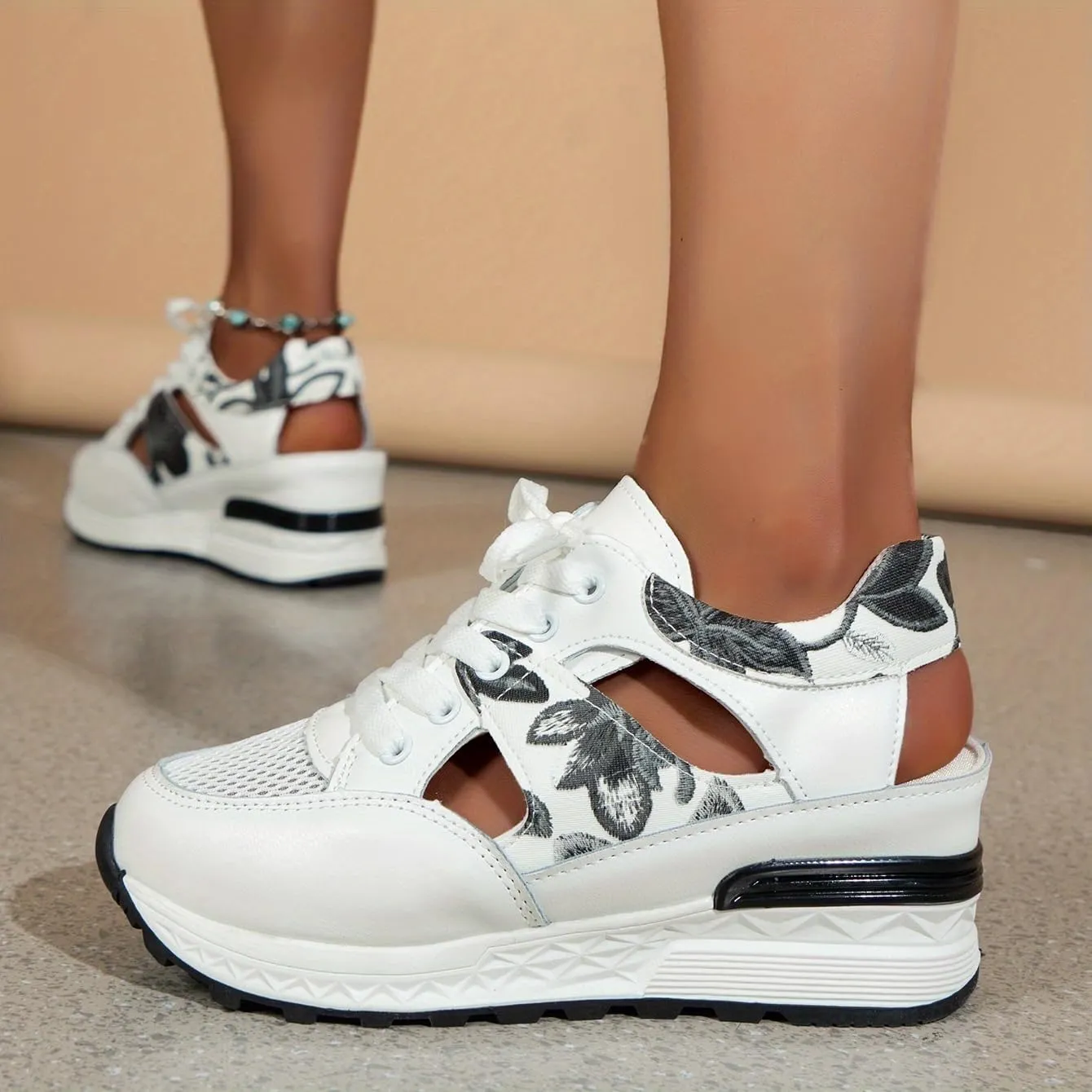 Leaf Embroidered Mesh Wedge Sandals - Women's Comfort Casual Sneakers, Lace Up Thick Soled