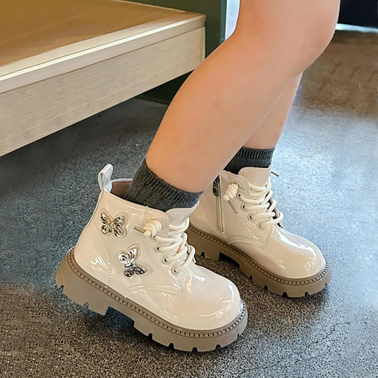 Leather Bowknot Booties For Girls Kids Sole Non Slip 𝐖aterproof Boots Shoes Kids 𝗟ow Heel Lace-Up Side Zipper Boots