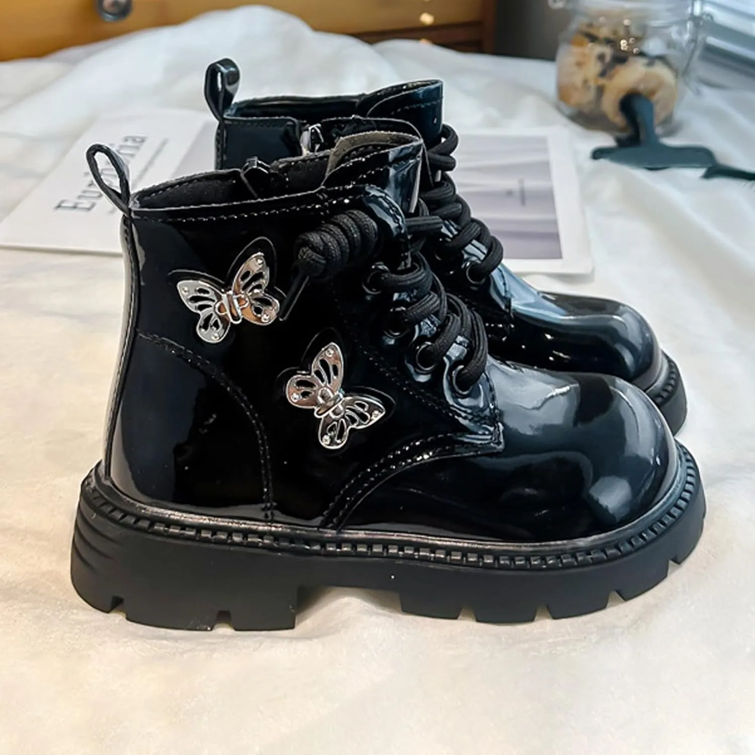 Leather Bowknot Booties For Girls Kids Sole Non Slip 𝐖aterproof Boots Shoes Kids 𝗟ow Heel Lace-Up Side Zipper Boots