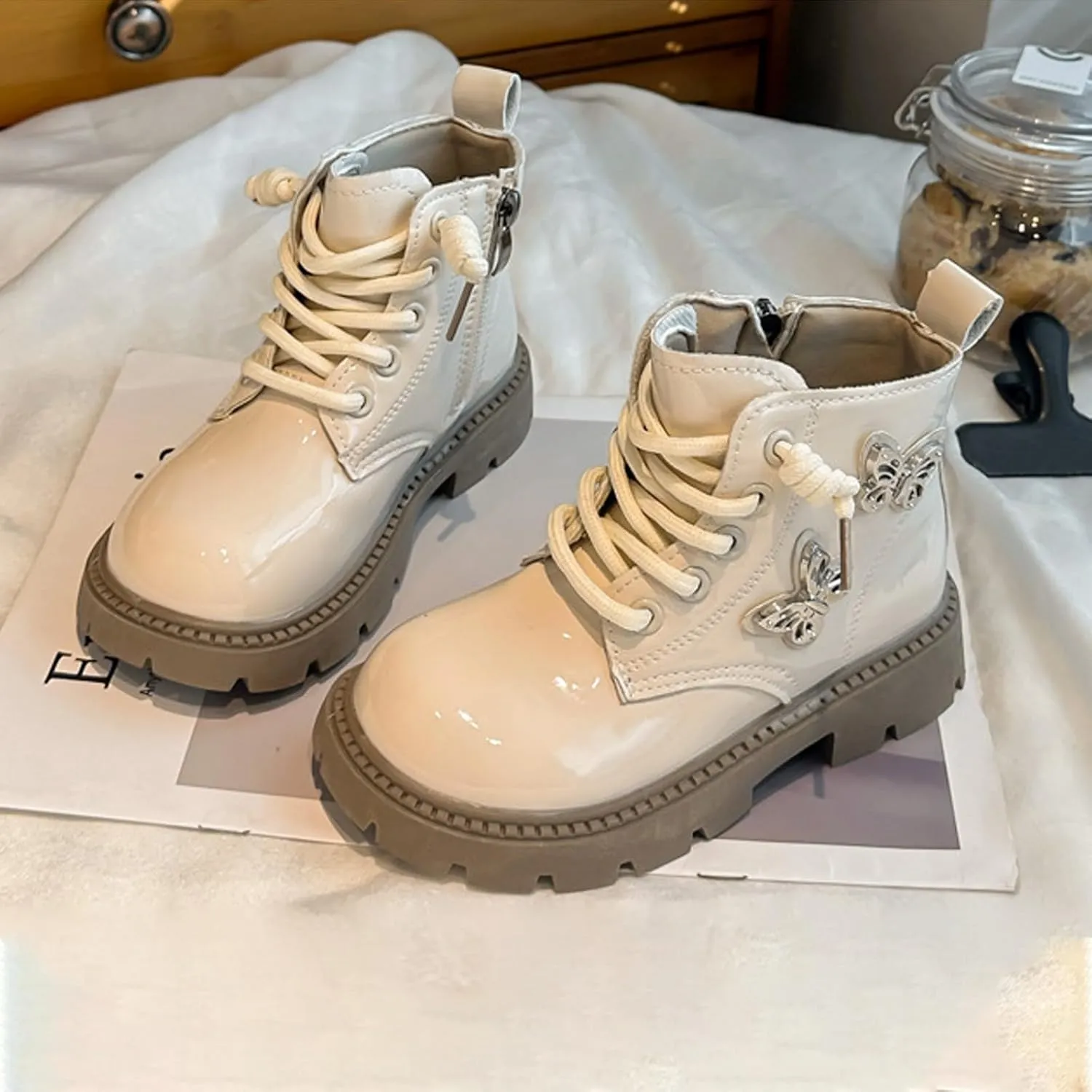 Leather Bowknot Booties For Girls Kids Sole Non Slip 𝐖aterproof Boots Shoes Kids 𝗟ow Heel Lace-Up Side Zipper Boots