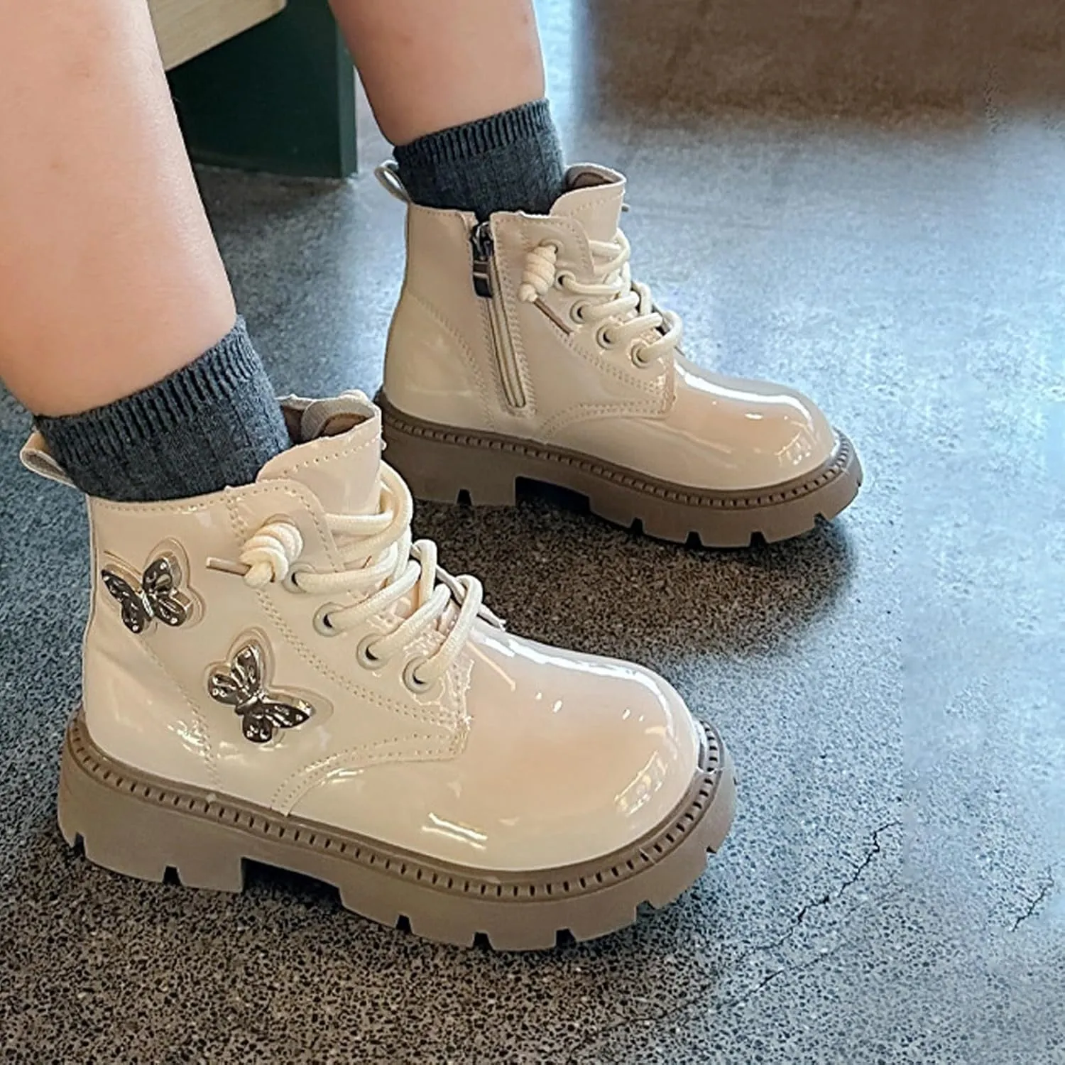 Leather Bowknot Booties For Girls Kids Sole Non Slip 𝐖aterproof Boots Shoes Kids 𝗟ow Heel Lace-Up Side Zipper Boots