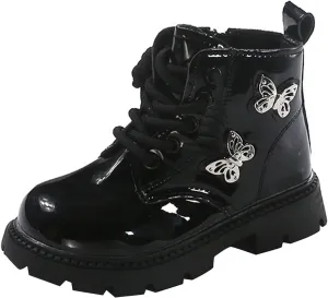 Leather Bowknot Booties For Girls Kids Sole Non Slip 𝐖aterproof Boots Shoes Kids 𝗟ow Heel Lace-Up Side Zipper Boots