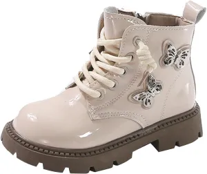 Leather Bowknot Booties For Girls Kids Sole Non Slip 𝐖aterproof Boots Shoes Kids 𝗟ow Heel Lace-Up Side Zipper Boots