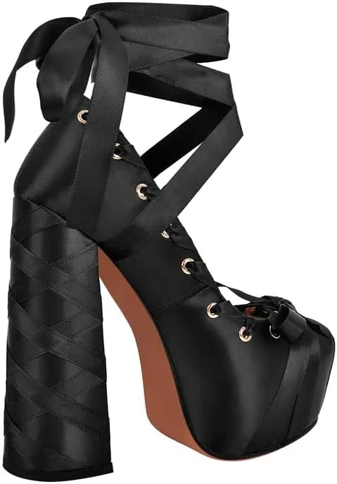 LISHAN Womens Platform Two-Toned Ballet Lace Up Strappy Pumps Chunky High Heel Bow Cute Lolita Pumps
