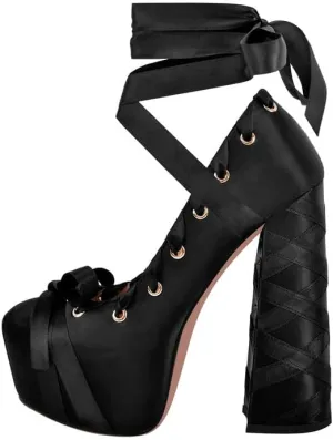 LISHAN Womens Platform Two-Toned Ballet Lace Up Strappy Pumps Chunky High Heel Bow Cute Lolita Pumps