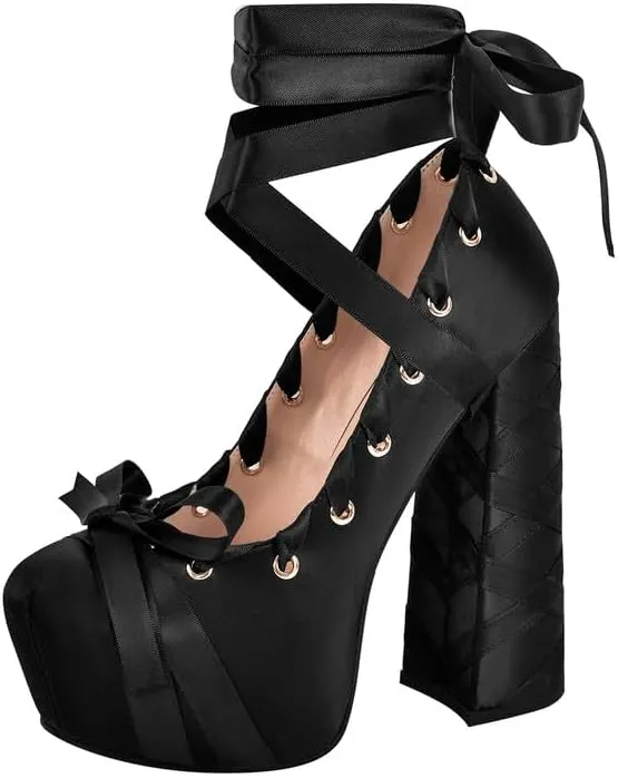 LISHAN Womens Platform Two-Toned Ballet Lace Up Strappy Pumps Chunky High Heel Bow Cute Lolita Pumps