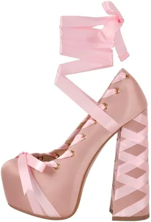 LISHAN Womens Platform Two-Toned Ballet Lace Up Strappy Pumps Chunky High Heel Bow Cute Lolita Pumps