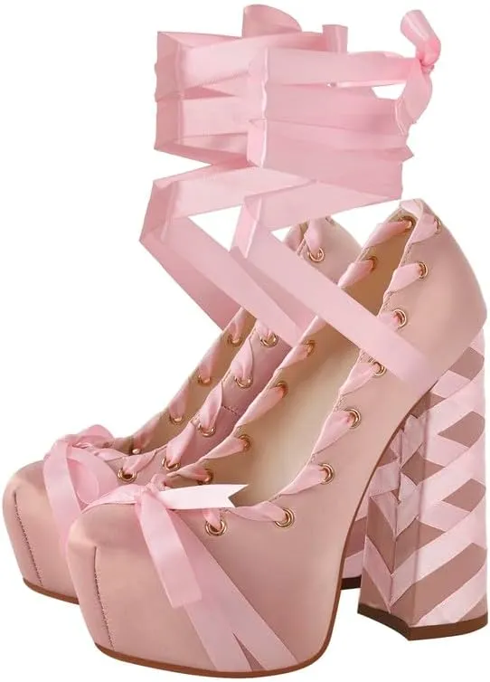 LISHAN Womens Platform Two-Toned Ballet Lace Up Strappy Pumps Chunky High Heel Bow Cute Lolita Pumps