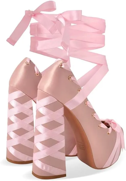 LISHAN Womens Platform Two-Toned Ballet Lace Up Strappy Pumps Chunky High Heel Bow Cute Lolita Pumps