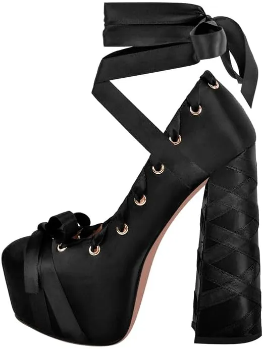 LISHAN Womens Platform Two-Toned Ballet Lace Up Strappy Pumps Chunky High Heel Bow Cute Lolita Pumps