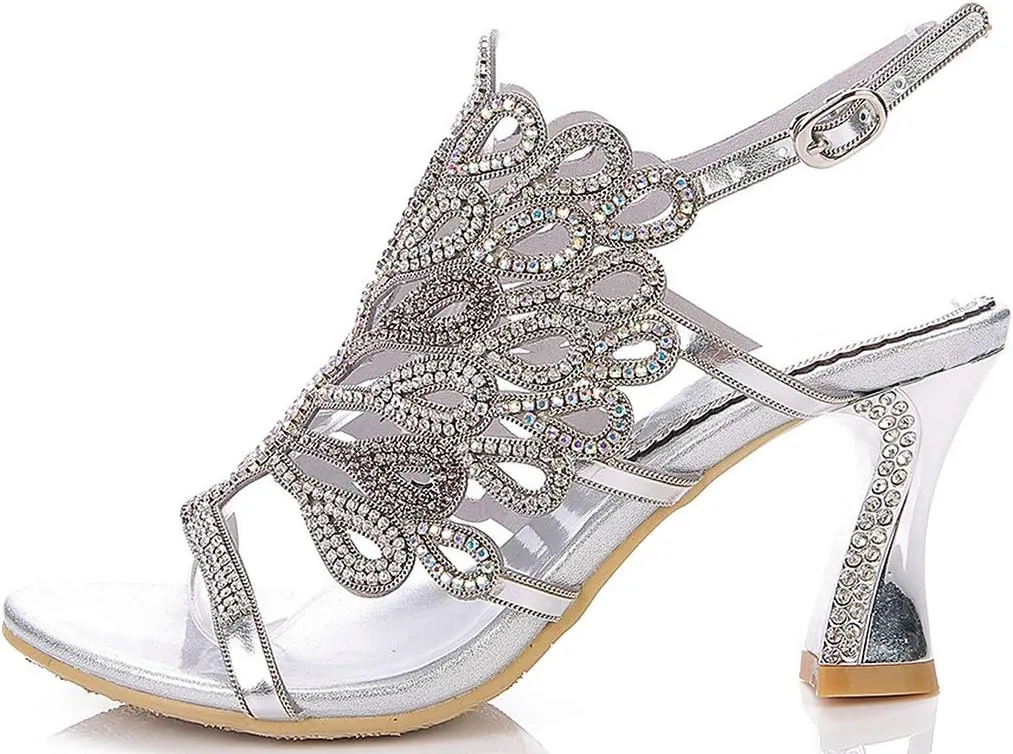 LizFoYa Women Rhinestone Peacock Wedding Sandals Chic Evening Dress Chunky High Heels