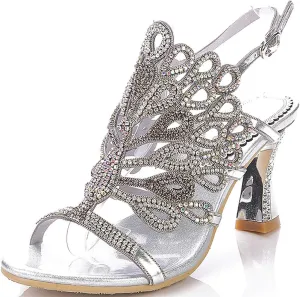LizFoYa Women Rhinestone Peacock Wedding Sandals Chic Evening Dress Chunky High Heels