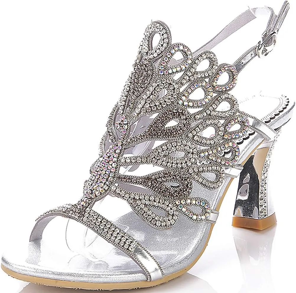 LizFoYa Women Rhinestone Peacock Wedding Sandals Chic Evening Dress Chunky High Heels