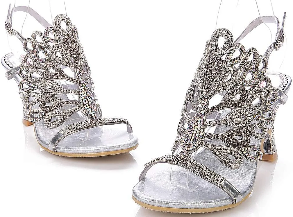 LizFoYa Women Rhinestone Peacock Wedding Sandals Chic Evening Dress Chunky High Heels