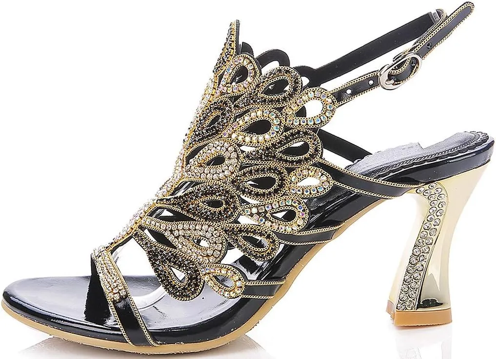 LizFoYa Women Rhinestone Peacock Wedding Sandals Chic Evening Dress Chunky High Heels