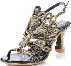 LizFoYa Women Rhinestone Peacock Wedding Sandals Chic Evening Dress Chunky High Heels