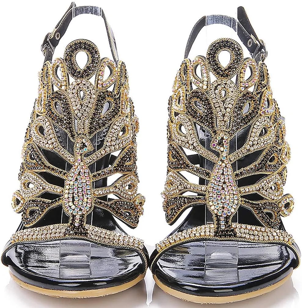 LizFoYa Women Rhinestone Peacock Wedding Sandals Chic Evening Dress Chunky High Heels