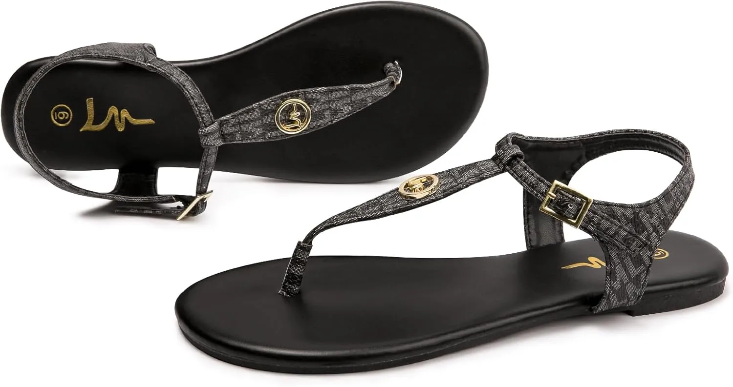 LM Women's Thong Sandals T-Strap Sandals Adjustable Ankle Buckle Dressy Thong Flat Sandals Casual Summer Sandals