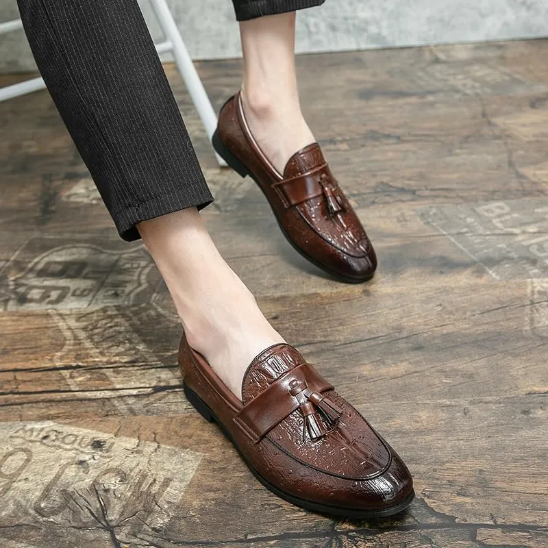 Loafers for Men Burnished Toe Crocodile Print with Tassel Vegan Leather Lightweight Anti-Slip Flat Heel Walking Slip-ons