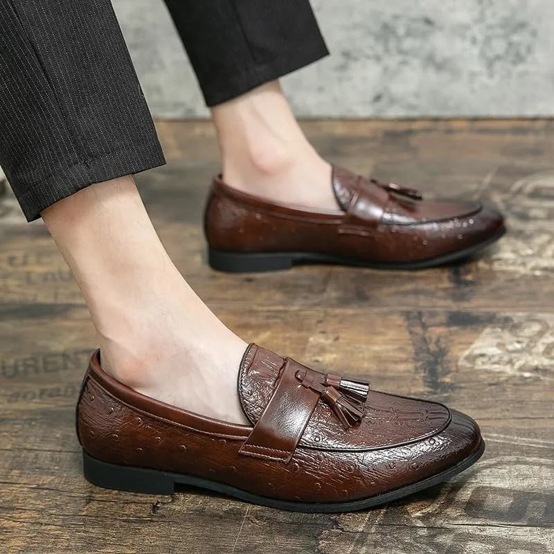 Loafers for Men Burnished Toe Crocodile Print with Tassel Vegan Leather Lightweight Anti-Slip Flat Heel Walking Slip-ons