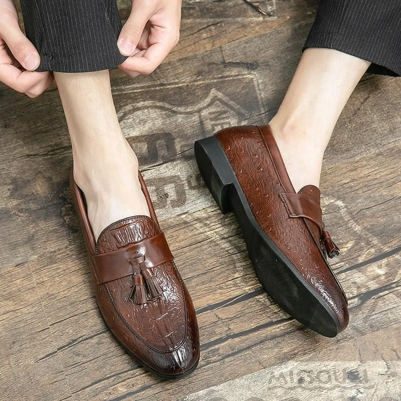 Loafers for Men Burnished Toe Crocodile Print with Tassel Vegan Leather Lightweight Anti-Slip Flat Heel Walking Slip-ons