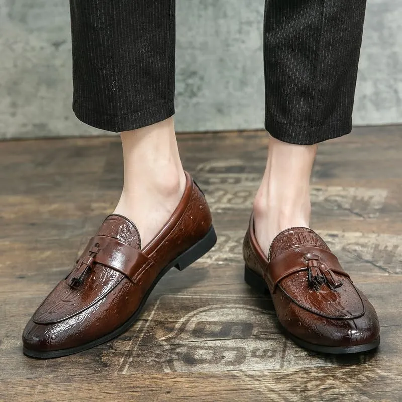 Loafers for Men Burnished Toe Crocodile Print with Tassel Vegan Leather Lightweight Anti-Slip Flat Heel Walking Slip-ons