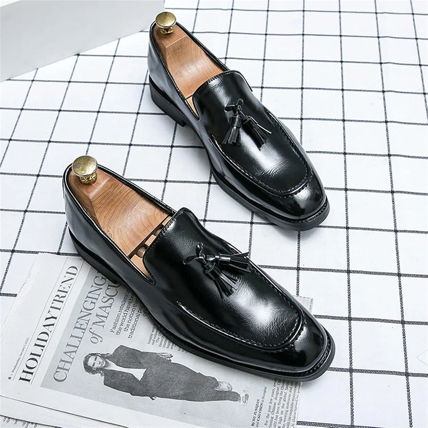 Loafers for Men Tassel Square Burnished Toe Loafer Shoes Vegan Leather Slip Resistant Comfortable Flat Heel Prom Outdoor Slip-ons