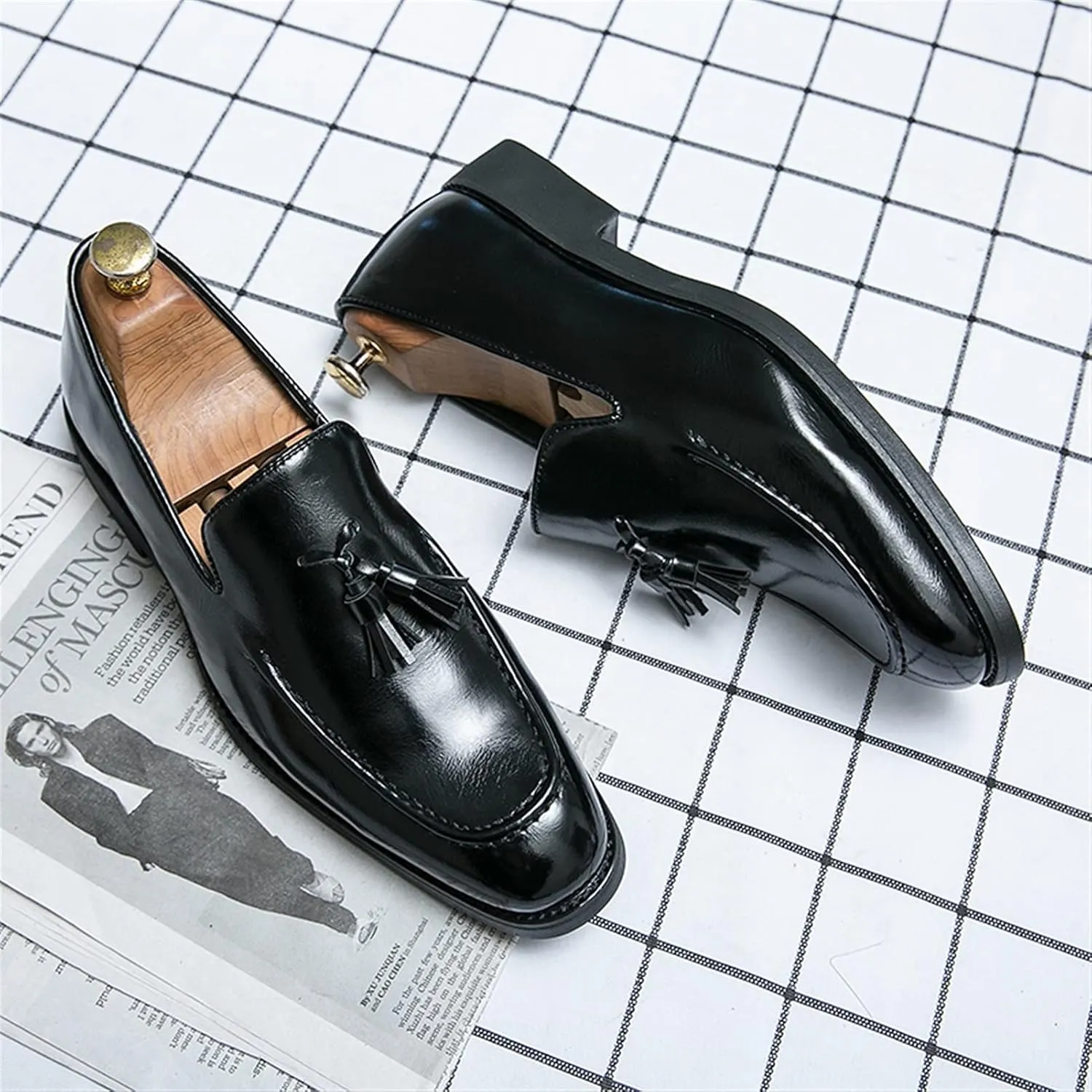 Loafers for Men Tassel Square Burnished Toe Loafer Shoes Vegan Leather Slip Resistant Comfortable Flat Heel Prom Outdoor Slip-ons